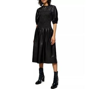 Topshop Smocked Faux Leather Puff Sleeve Midi Dress Black Size 10 NEW